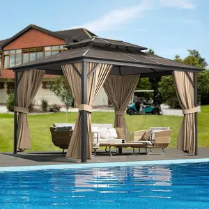 10x13FT Double Roof Aluminum Hardtop Gazebo, All-Weather Pergola Canopy with Netting and Curtains for Backyard Garden Poolside, Khaki