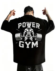 Men's Cool "Power Gym" Bodybuilding Graphic T-Shirt: Black Oversized Tee with Weightlifting Print, Perfect for Fitness Enthusiasts and Street Gym Style
