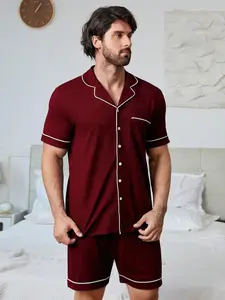 Men's Short Sleeve Sleepwear Set, Plain Collar Design, Open Front Shirt & Shorts Two-Piece, Casual Home Wear, Multiple Colors Available
