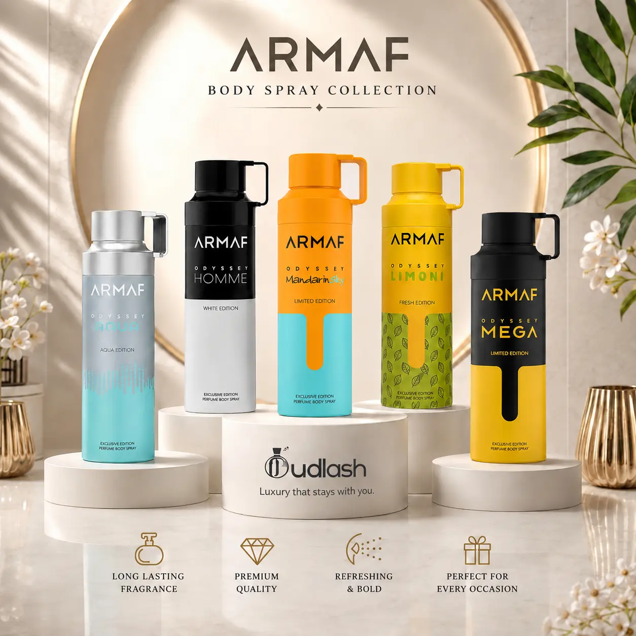 Oudlash Bundle | Armaf Odyssey | Limoni + Mandarin Sky + Homme + Mega + Aqua | Unisex Fragrance | 200ML- 6.8 | Perfume Body Spray | Lemon- Sweet Orange, Mandarin