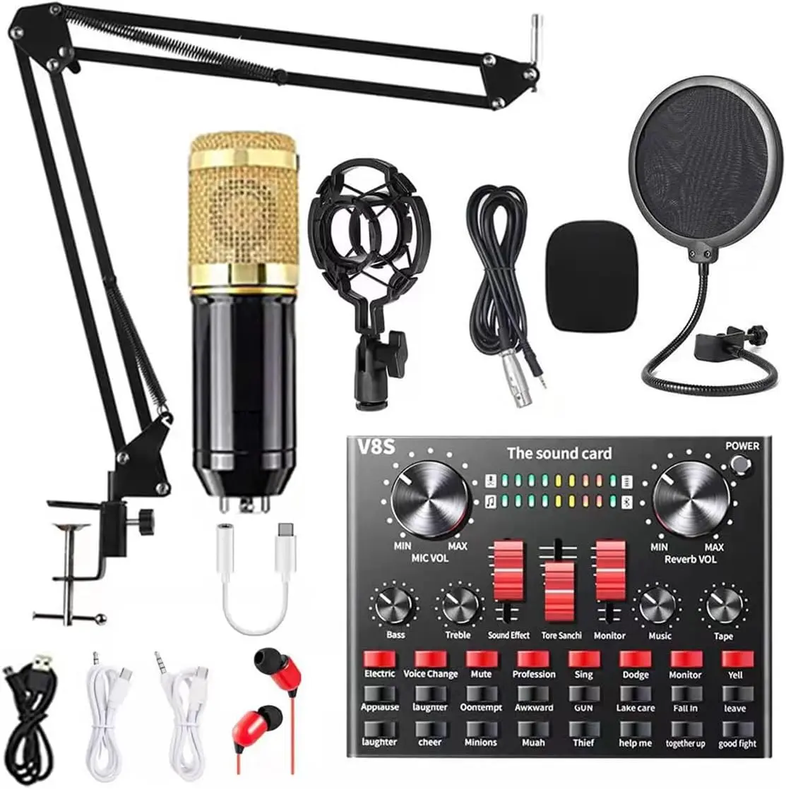Wireless Microphone Bundle, BM800 Condenser Mic with V8S/V8K Sound Card & Bluetooth 2.1, 65 Sound Effects 8 Voice Modes, 2000mAh Battery for Podcasting Streaming Singing on PC Mac Mobile (Black Gold)