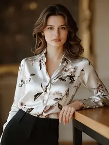 A fashionable and versatile women's satin printed shirt with a light luxury style, suitable for commuting to work, shopping and outdoor activities, indoor and outdoor dressing