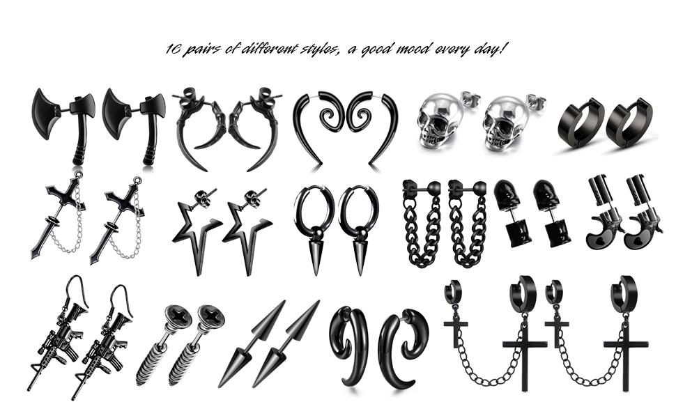 16 Pairs Punk Black Earrings Set for Men with Pendants, Chain-piercing Earrings, Suitable for Women and Unisex Wear, Stainless Steel Punk Earrings for Men,Screw Cone etc Hoop Long Chain Piercing Hoop Earrings Set