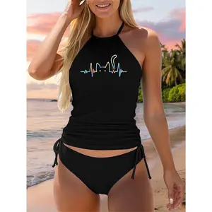 Heartbeat Cat Lover Animal Silhouette Cute Cat Two Piece Swimsuit