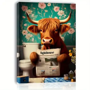 2D Flat 1 Piece Humorous Cow Reading Newspaper Canvas Art - Suitable for Living Room, Bedroom, Kitchen Comfortable Wooden Frame Wall Decor - Ideal Gift for Home Decoration Cow Decoration