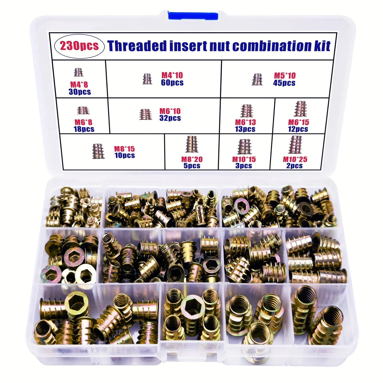 230-Pcs Hexagon Socket Screw-In Wood Thread Insert Tool Kit - Large Amount of Zinc Alloy Hex Cap Screws, Furniture Bolt-Nut Connectors, Hex Wrench for Wooden Furniture Hardware (Different Sizes, Good Tensile Strength)