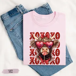 Retro Valentine Highland Cow T shirt Valentine Highland Cow Tee, XOXO Coquette Highland Cow Crewneck, Valentine Gifts
