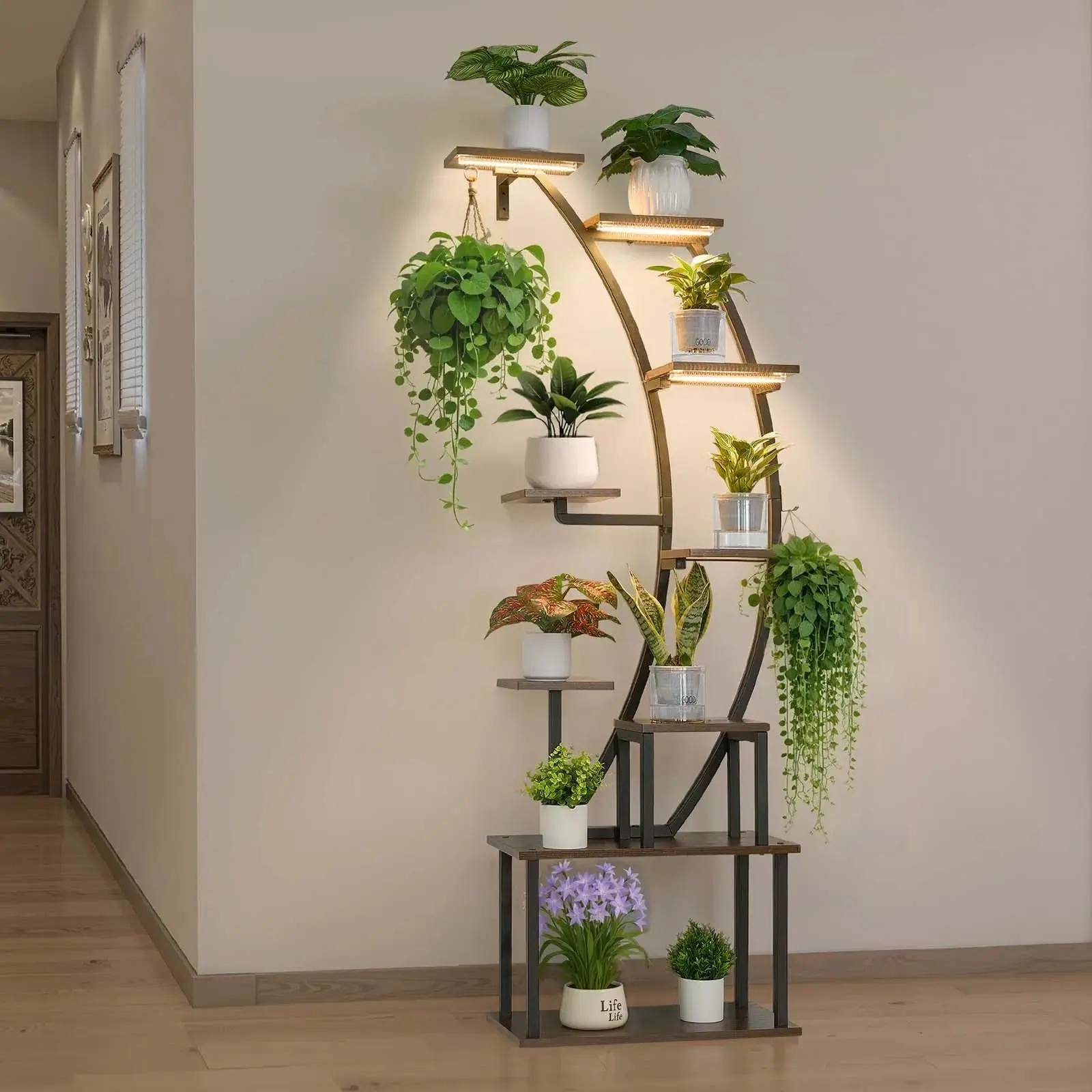 VEVOR Rust-Resist Metal Lighted Plant Stand Indoor Complete Kit, 63" Tall 9-Tier Corner Plants Holder, 3 Timer Control & 10 Brightness Grow Lights, Curve-Shaped Ornaments Display Rack for Living Room
