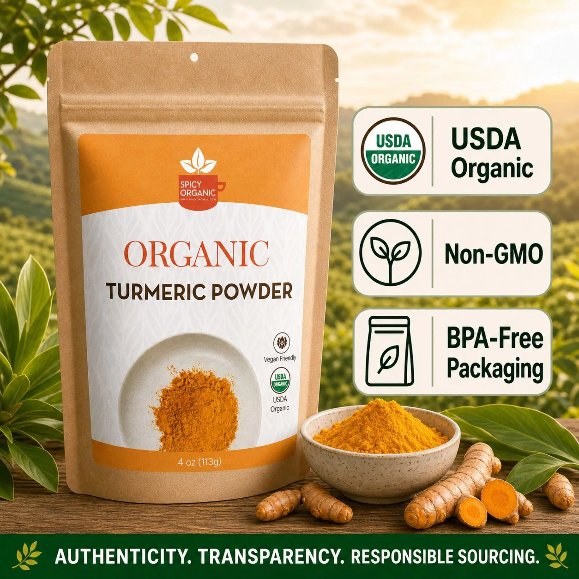 Organic Turmeric Powder — USDA Certified, Non-GMO | Golden Milk, Curries & Spice Blends