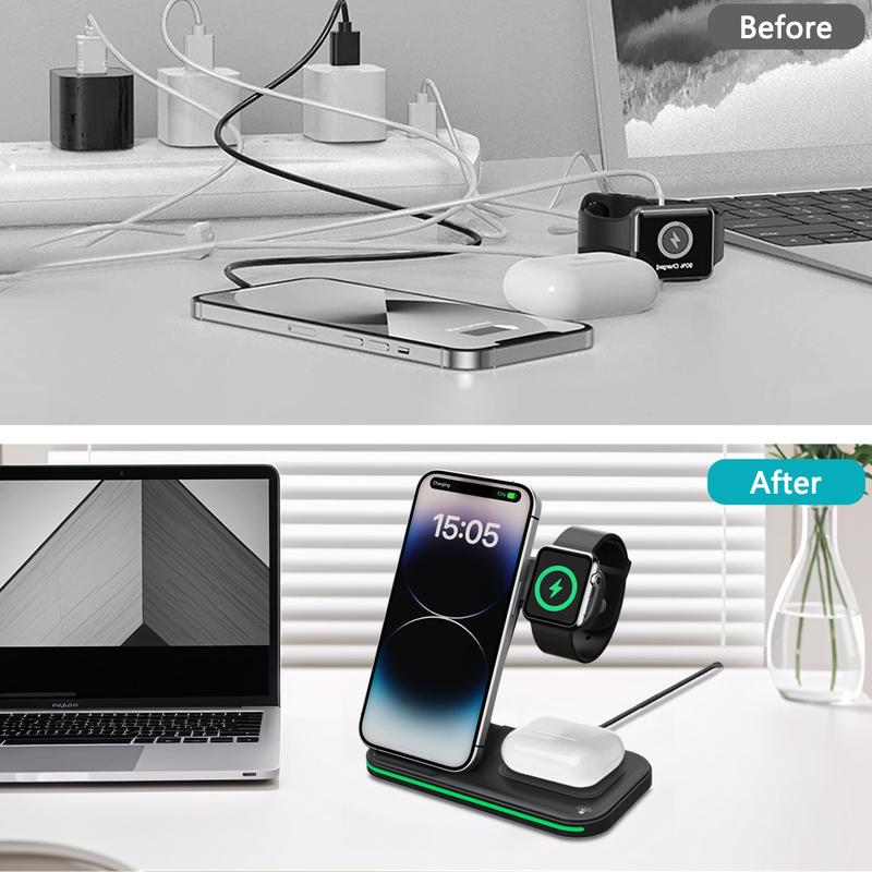 Folding 3-in-1 Wireless Charging Station 15W Fast Charger for IPhone 16-11, IWatch Ultra10-2/SE, AirPods 4-2/Pro, and Qi-compatible phones