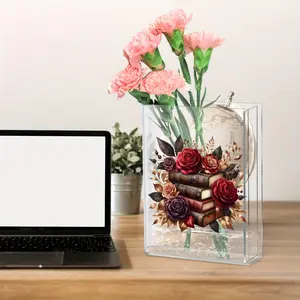 1pc Modern Bookend Vase - Clear Acrylic Shelf Decor with Floral Design Space-Saving Bookend for Home Office Library - Compatible with Books Flowers Decorations - Ideal Gift for Book Lovers Christmas Housewarming Birthday