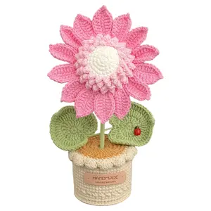 Handmade Crochet Sunflower & Mum Flower Potted Knitted Decorations for Home Office Car Desk Party Anniversary Christmas Gift Ideas Yellow Decorative