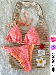 Women's Two-Piece Swimsuit Set, Vacation Beach Wear, Comfortable Fit, Sexy Tie Neck Ditsy Floral Striped Design, Ideal for Pool Party, Floral Bikini