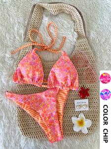 Women's Two-Piece Swimsuit Set, Vacation Beach Wear, Comfortable Fit, Sexy Tie Neck Ditsy Floral Striped Design, Ideal for Pool Party