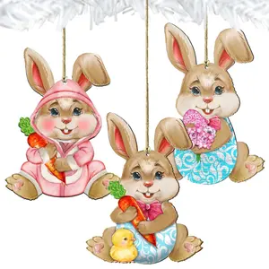 Designocracy 815432-S3 Artistic Wooden Easter Baby Bunny Decorations, 5x5.5x0.25 in, Set of 3, Festive Spring Ornaments for Home Decor & Gifting, Decoration