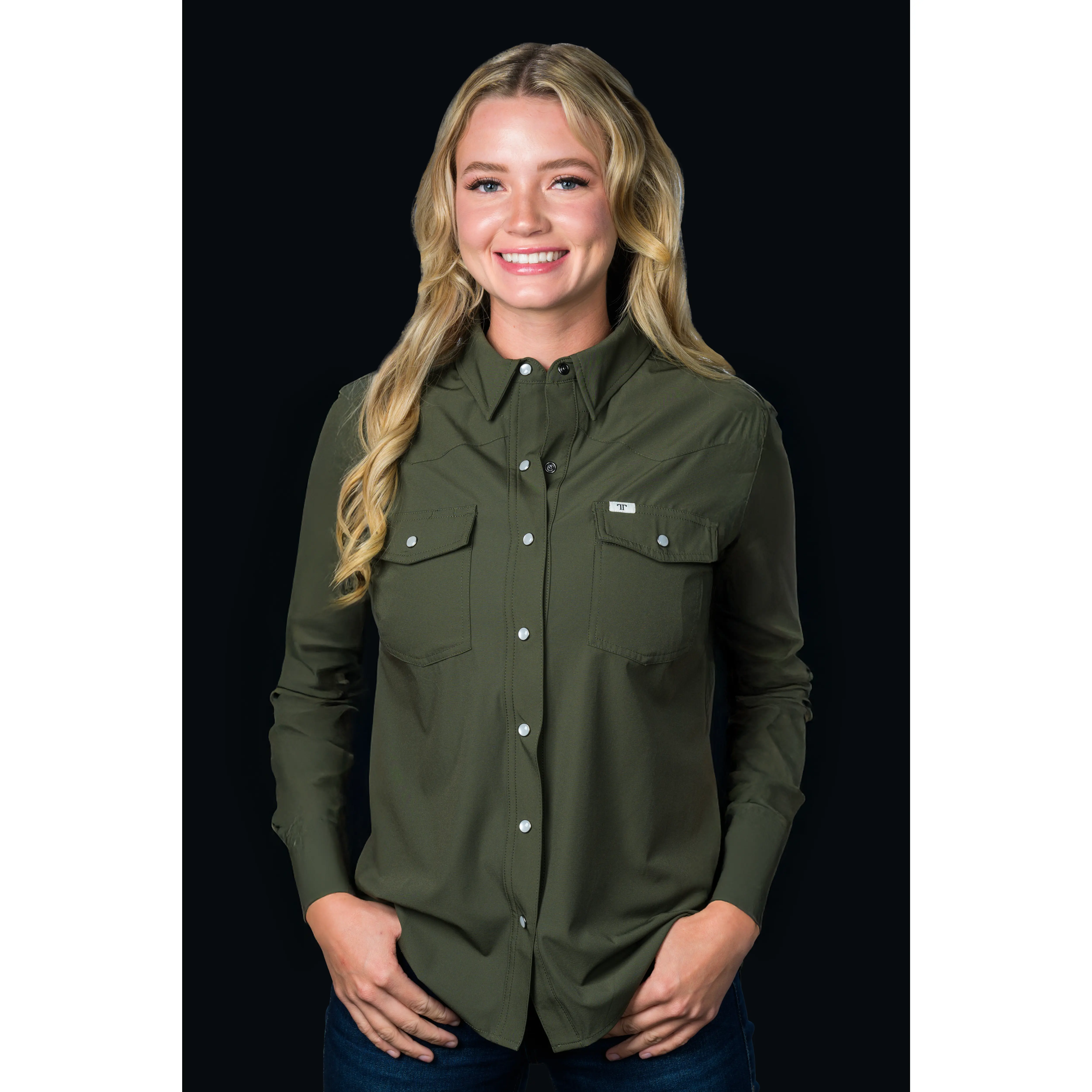 CORE - Women's Original Olive Green Long Sleeve, Breathable Fit Fabric, Pearl Snap Blouse