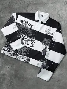 Saint saint pattern printed Polo long sleeved T-shirt short for men and women, European and American street trend striped Virgin print long sleeved shirt saint