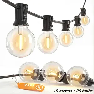Waterproof and shatterproof LED outdoor string lights, 15-meter outdoor circular lights, equipped with 25 LED plastic transparent bulbs, suitable for decoration of cafes, bars, porches, pergolas, tents, balconies, black wires.