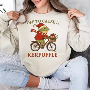 Off to Cause a Kerfuffle Frog Christmas T-shirt, Frog Christmas Hoodie Funny Weirdcore Sayings Unique Tshirt Tee Adults Men Women Meme Graphic Sarcastic Womenswear