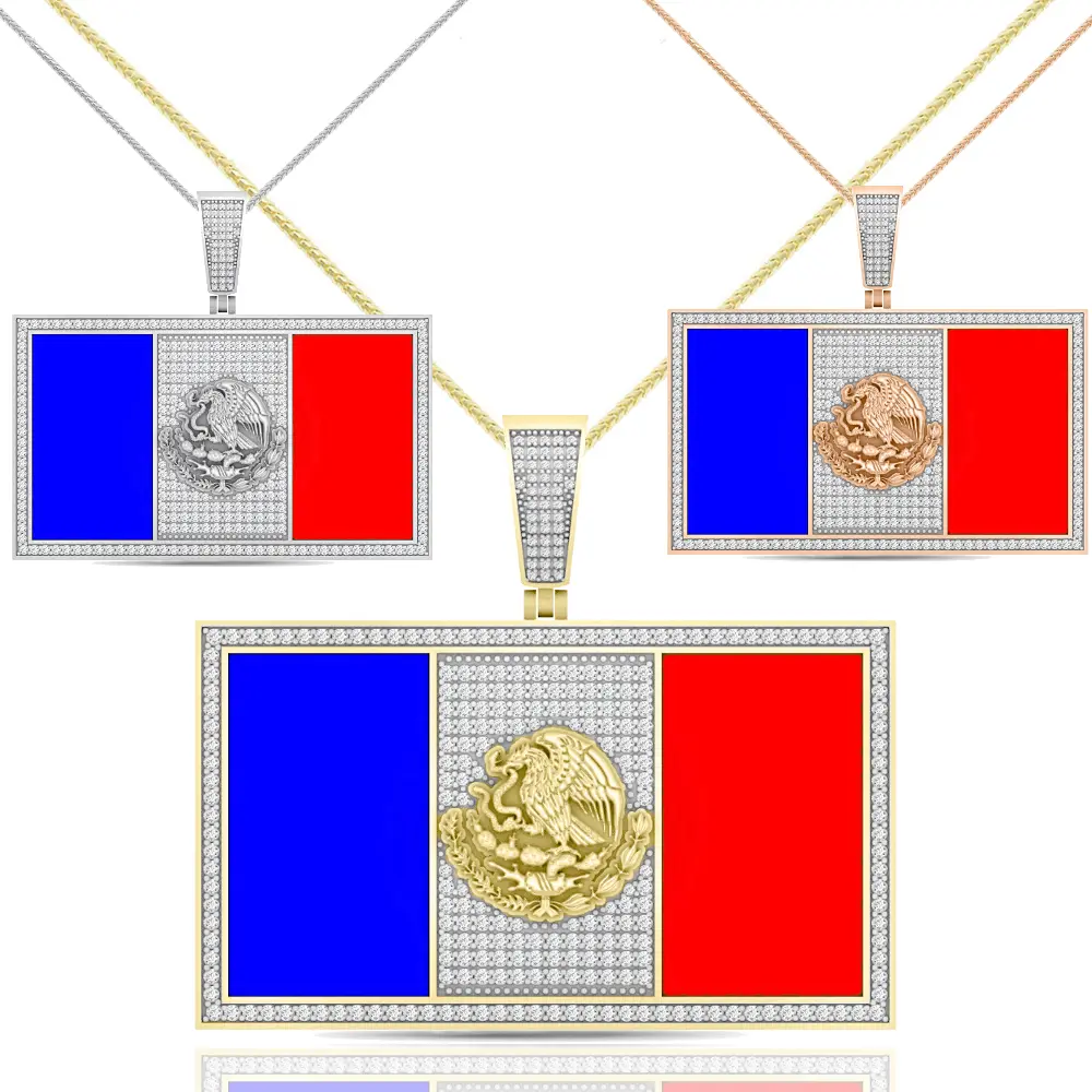 Real VVS1/D 3.10 Cwt. Moissanite Diamond Hand Made Enamel Paint 14K Gold Finish Over Bandera de México Mexican Flag Pendant Mexico Map Charm