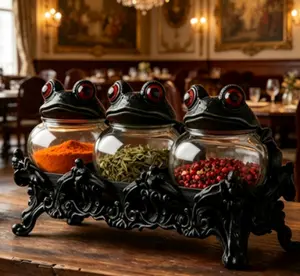 Handcrafted Witchy Frog Spice Jars 3 Piece Set, Vintage Gothic Glass Storage Jars with Frog Lids, Seasoning Containers for Salt, Pepper, Herbs & Tea Leaves Kitchen Decor
