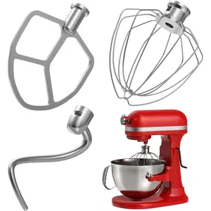 Stainless Steel Accessories 3 count Kit for  5.5 and 6 Quart Lift-Up Stand Mixers, Includes 5.5-6QT Flat Beater, Dough Hook, KN256WW 6-Wire Whisk for Kitchen Aid Attachments & 6 Qt Bowl