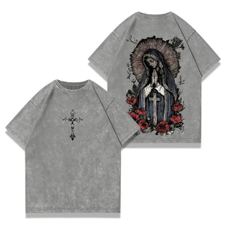 valentine shirts Virgin Mary Graphic T-Shirt, Washed Black Heavy Cotton, Gothic Streetwear