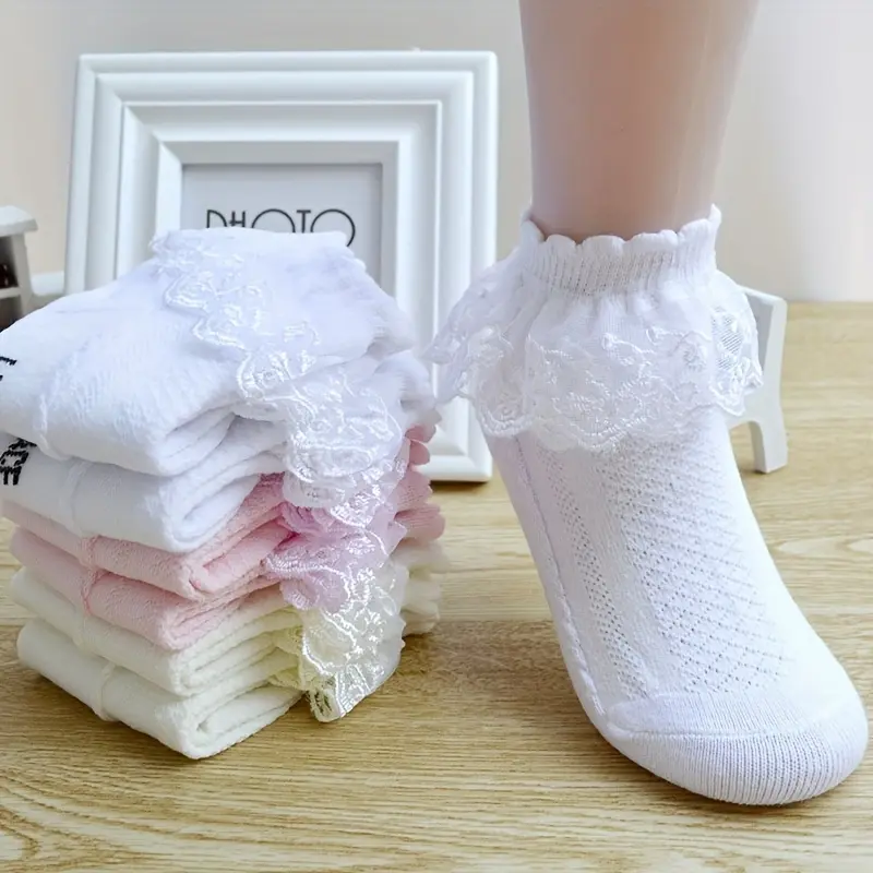 Girls' 5-Pair Ruffled Lace Ankle Socks, Breathable Polyester Knit Dance Princess Socks, Breathable Fabric Socks