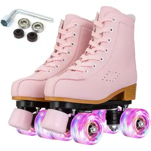 Roller Skates for Women and Girls PU Leather High-top Adult Four-Wheel Shiny Roller Skates with Light Up Wheels for Roller Derby