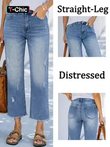 Women's Elastic Ripped Straight Leg Jeans Pants, Everyday Casual Loose-Fitting Denim Fabric for All Seasons, Washable Daily Wear, Womenswear