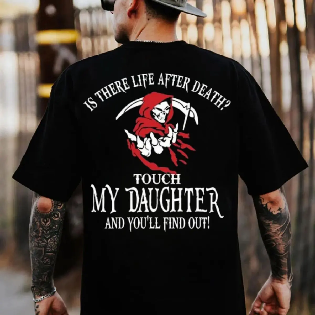 Touch My Daughter And You'll Find Out Hoodie | Funny Protective Dad Graphic Sweatshirt | Cool Grim Reaper Back Print Pullover