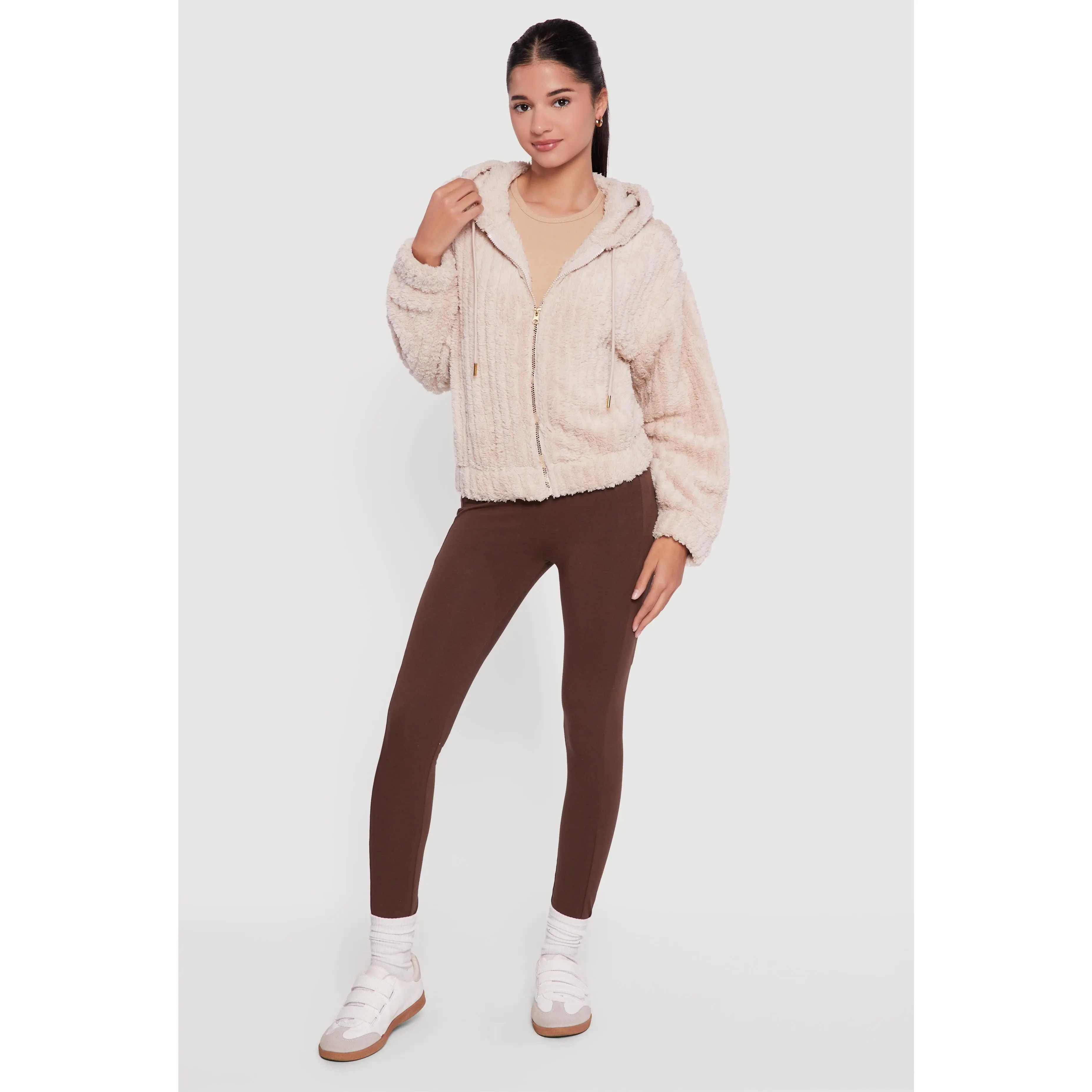 Oversized Ribbed Knit Hooded Sherpa Jacket