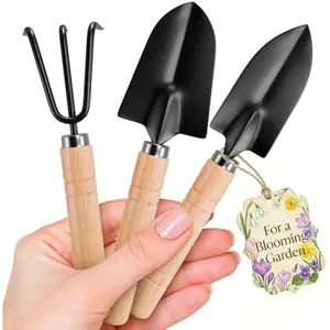 3 Pcs Mini Gardening Tools – Mini Garden Tools Set with 2 Small Shovels (Narrow and Wide) & Hand Rake, Rustproof Metal Build, Ergonomic Wooden Handles – Potting & Transplanting Kit for Indoor Plants