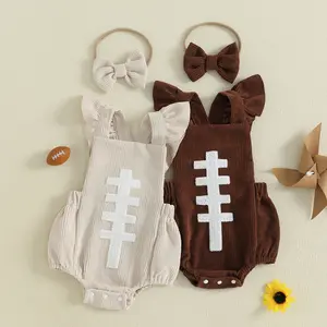 REDWOON Newborn Baby Girl Football Outfit Ruffle Sleeveless Rugby Embroidery Romper Corduroy Bodysuit Game Day Clothes