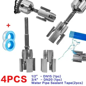 4pcs PPR Pipe Threader Tool + Water Pipe Sealant Tape, DN15+DN20, Electric Drill-Type Thread Repair - 1/2&3/4 Internal & External Threads for PVC and PPR Pipes, Heavy-Duty Metal Pipe Repair Tool, Specialty Hand Tools