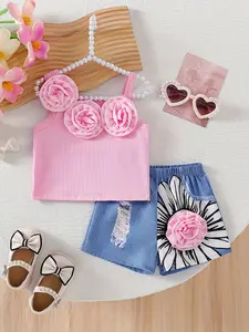 Girls' Summer Fashion Set, Sweet 3D Flower Denim Style, Two-Piece Set with Bralette + Denim Shorts, Features 3D Rose Flowers + Striped Bralette + Color-Block Denim Shorts Design, Perfect for Back-to-School Season, Suitable for Daily Home Wear