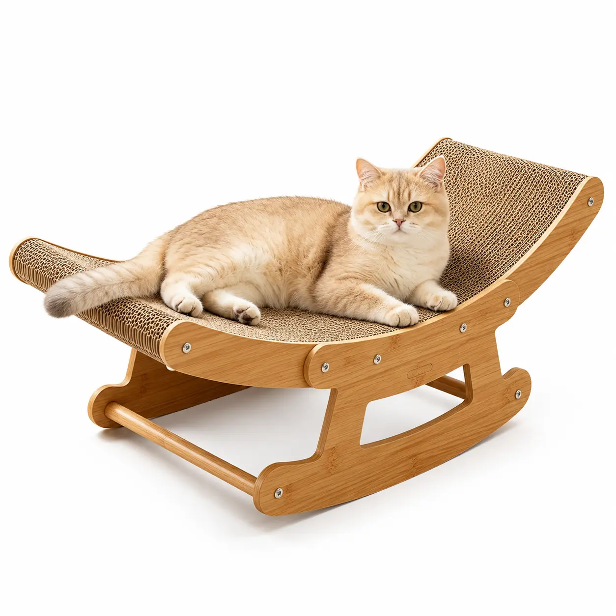 2-in-1 Cat Scratcher Lounge Bed, Bamboo Cat Rocking Chair with Corrugated Cardboard Scratch Pad for Indoor Cats