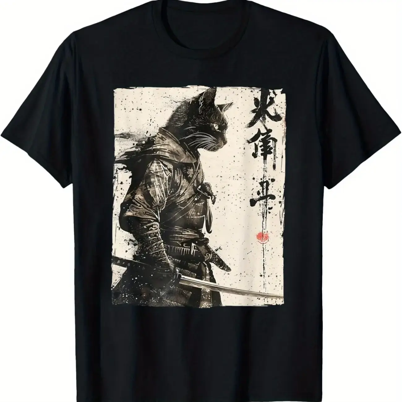 Samurai Cat Warrior Ukiyo-E Ink Art Graphic Cotton T-Shirt, Men's Black Japanese Style Tee