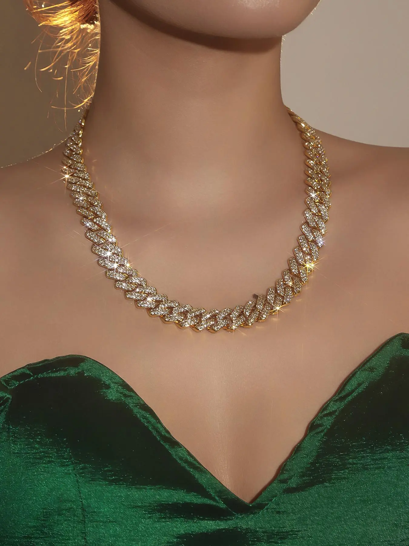 Women's Elegant Rhinestone Decorated Cuban Chain Necklace, Exquisite Trendy Necklace, Chic Jewelry As Gift for Girlfriend, Cuban Link Necklace, Cuban Links Necklace, Cuban Style Necklace, Cuban Necklaces