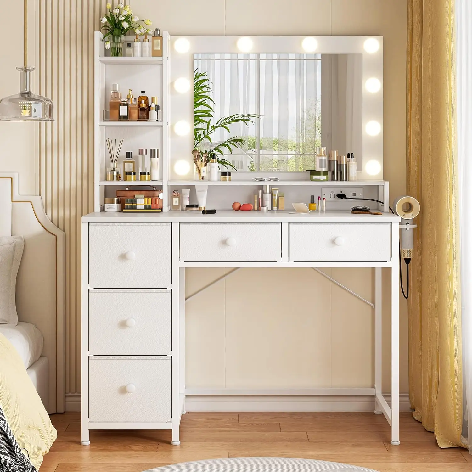 Raybee Hollywood Vanity Desk with Mirror and Lights, Vanity Desk with 5 Fabric Drawers & Power Outlet, 3 Lighting Modes Adjustable Brightness, Bedroo
