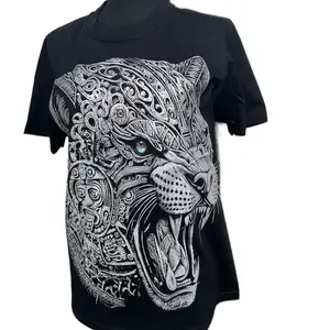Jaguar Azteca T-Shirt Black Mexican Calendar Design Raglan Sleeve Crew Neck Streetwear Stylish Casual  Tshirt Crewneck