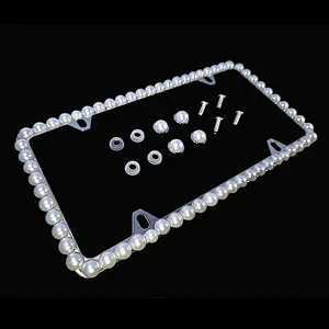 Dazzling Addiction 3D Bling License Plate Frame Big Chunky Pearls Creamy White Made in USA Handmade 1 Row Holder Screw Caps Personalizable Customizable Customized Bedazzled Sparkly Shimmering Gift for Girls Women 4 Holes Crystals Diamond