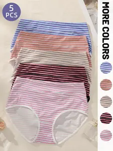 Women's Plus Size Mid-Waist Underwear Set, Panties, Striped Pattern, Elastic Breathable Butt Lifting, Casual, All-Season Comfort, Multiple Colors