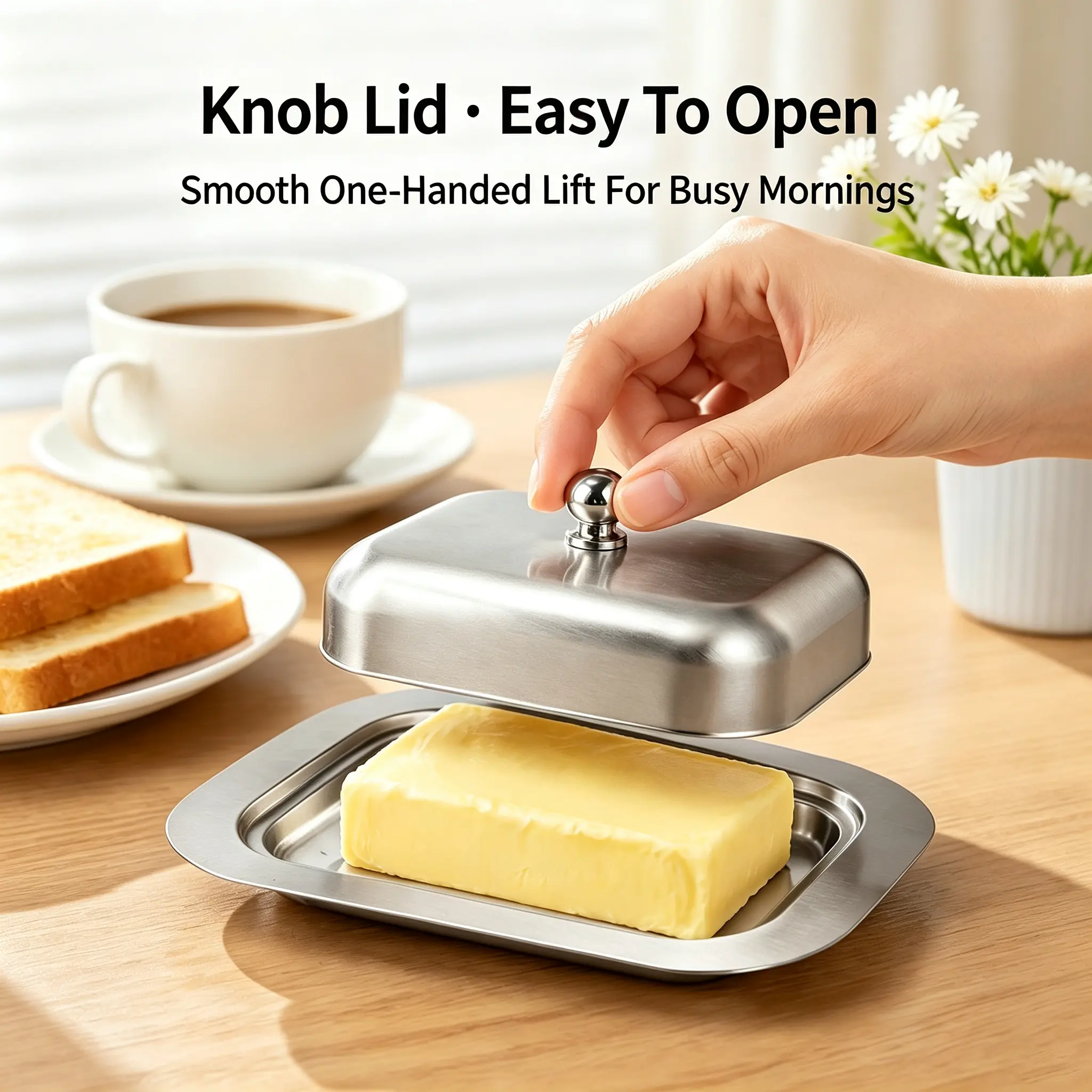 Stainless Steel Butter Dish with Lid, Grooved Base Dustproof Butter Keeper Container for Cheese, Cookies, Breakfast Table Storage