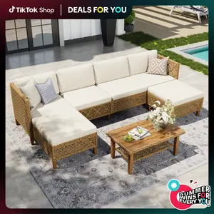 PHIVILLA Boho Wicker Patio Furniture Sofa Set, 3/5 Seaters, Outdoor Rattan Sectional Sets Conversation Set - Weather-Resistant, with Dual Storage Coffee Table Acacia Wood Legs for Garden, Patio & Deck,DealsForYouDays