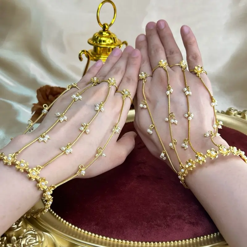 Beautiful Classic Gold Tone Floral Pearls Kashmiri HathPhool For Both Hands