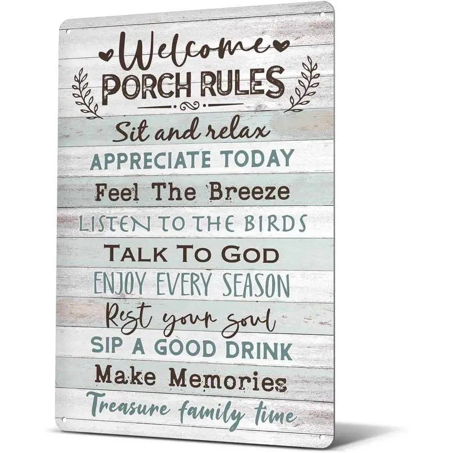 12x8 in Vintage Farmhouse Welcome Porch Rules Metal Letter Sign, Rustic Home Supplies Decor for Outdoors, Ideal Gift for Decor Lovers (Patio, Entryway Use), 12X8 Inch