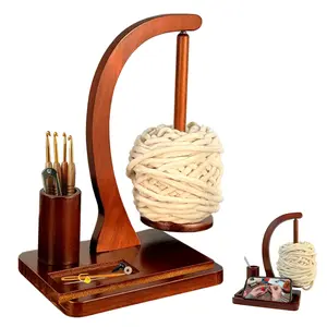 Crochet Yarn Holder & Spinner, Phone Stand + Storage for Crochet Accessories, Perfect Gift for Knitting Lovers Brown, Wooden Yarn Spinner