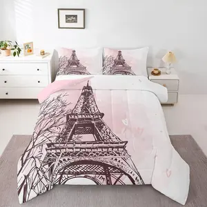 Eiffel Tower Comforter Set,Girls Romantic Valentine Bedding Set,Pink White Duvet Insert,French Love Heart Quilt,Retro Paris Tower Down Comforter