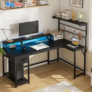 Raybee 52.1" W L-Shaped Gaming Desk with LED Light,Computer Workstations with Drawer,Shelves,3 Power Outlets & Charging Station,Monitor Stand, Gamer's Desks Rustic Brown,Black,White